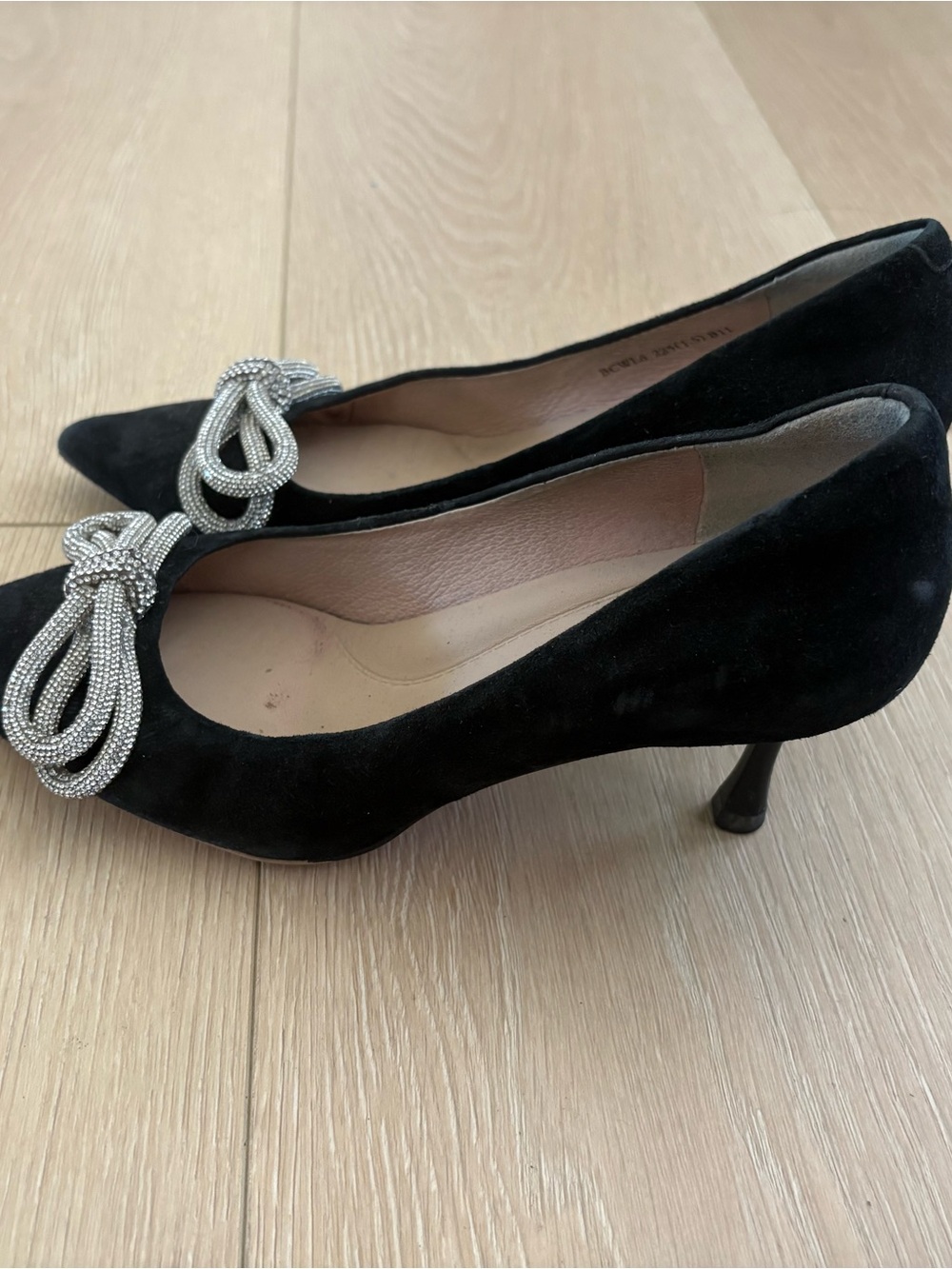 Black Suede Mid Heel Pumps with Silver Rhinestone Knot